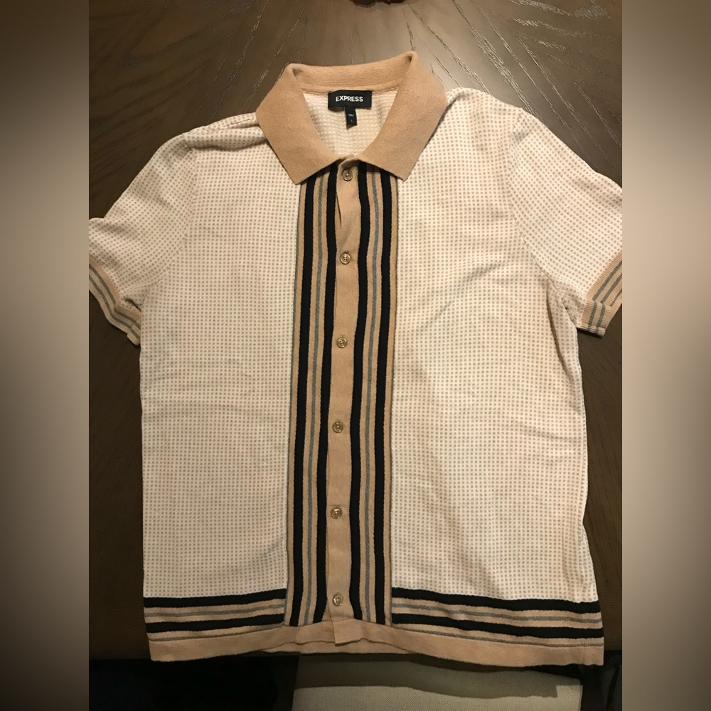 Express Mens Large Knit Sweater Polo Tan Cream Button Down